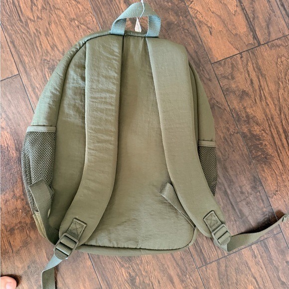 PINK Victoria Secret Puffer Quilted Backpack Olive Green Mesh Pockets Zip Front - Picture 3 of 5